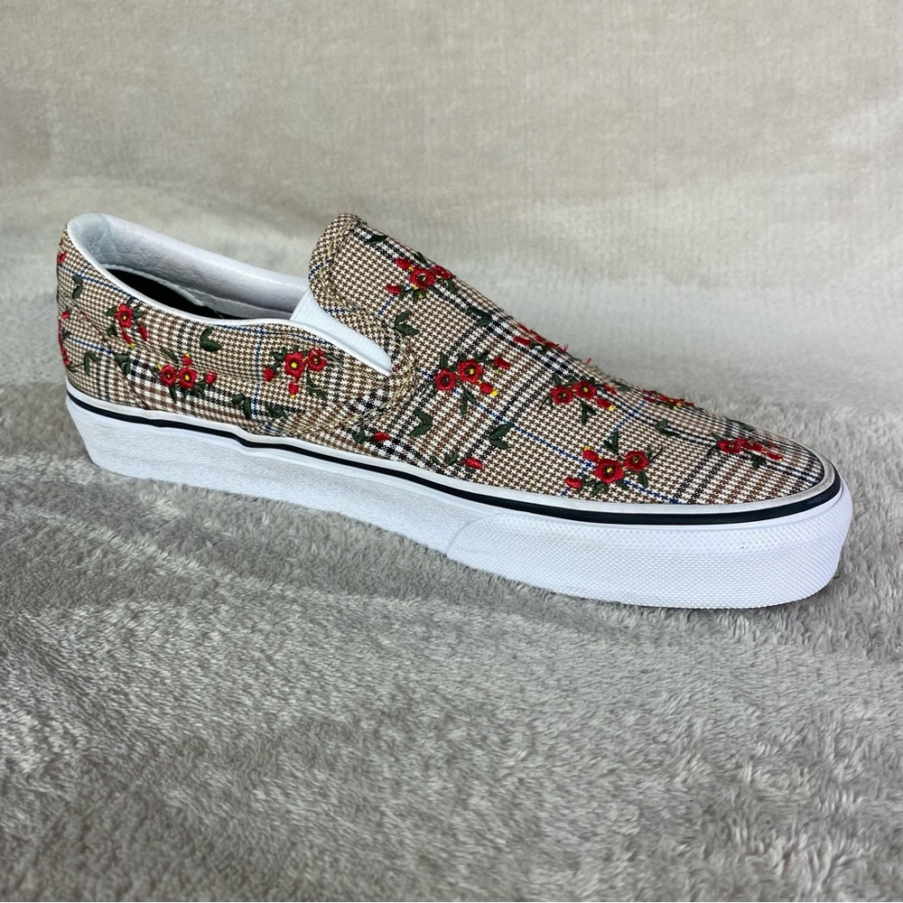 Vans Floral Plaid Slip On Sneaker Skate Shoes Womens Size 5 Brown Red Stitch NEW - Picture 6 of 11